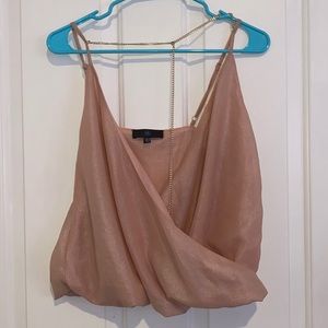 Pink sparkly deep v tank top with gold chain chest detailing